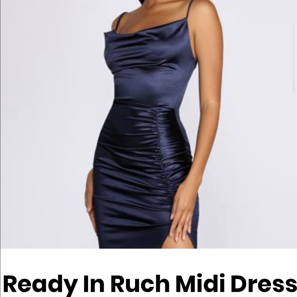 Midi Navy Ruched Cocktail Dress